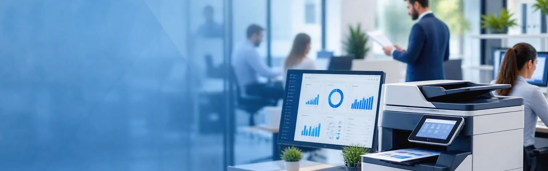 Servicio de impresión gestionada para empresas con impresora multifunción, monitorización de costes de impresión y gestión documental en entorno profesional.